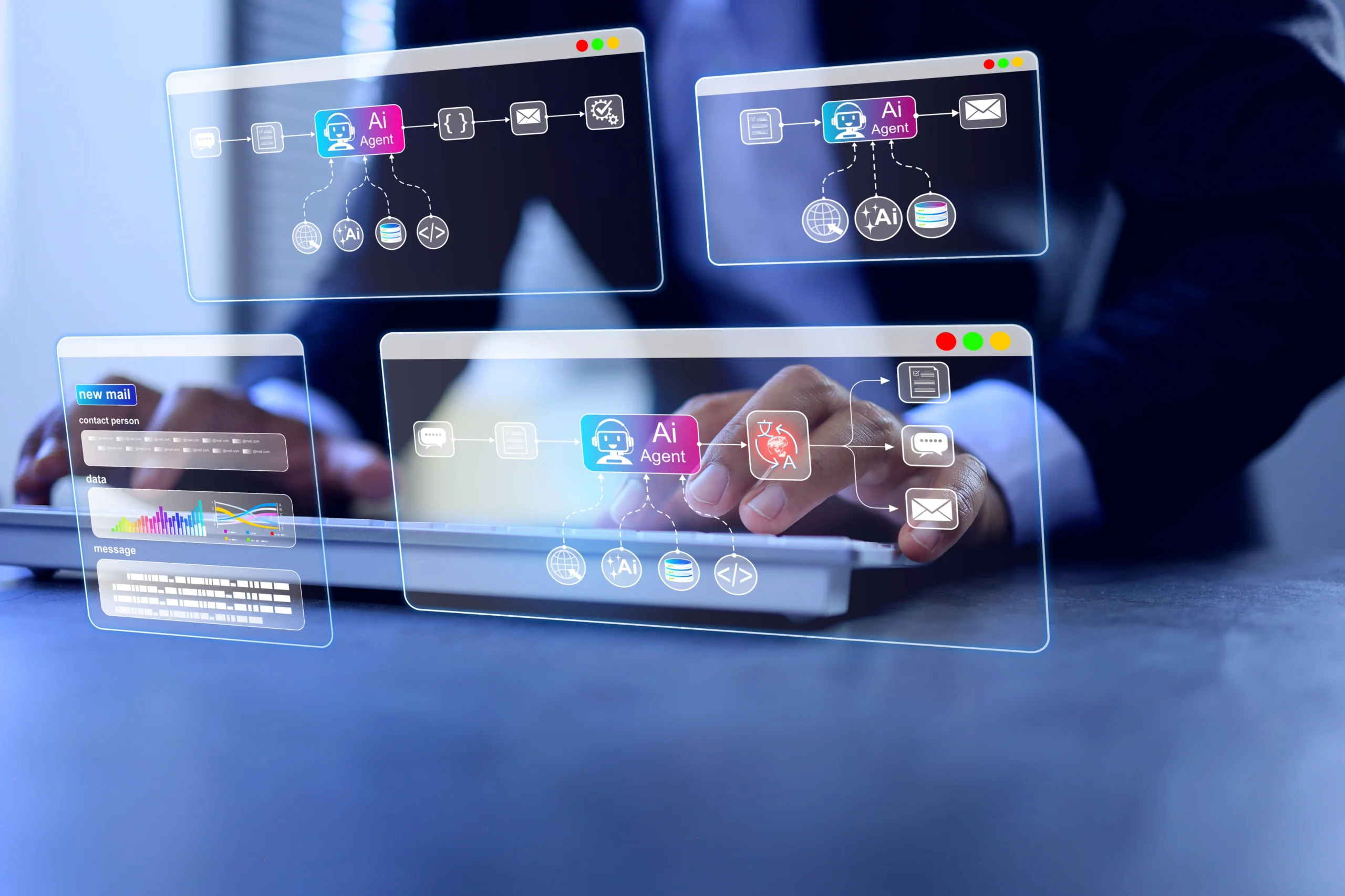Our Services 5 A digital interface illustrating Our Methodology through AI agent workflows, data processing icons, and automated communication maps being navigated by a user.