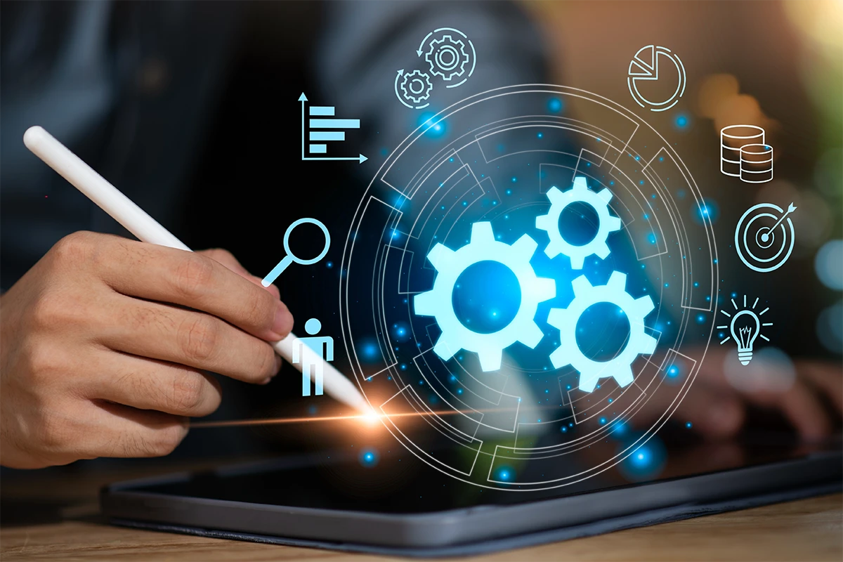 Our Services 4 Digital tablet displaying Point Consultancy’s Solutions through interactive icons for automation, data analysis, and strategic growth.