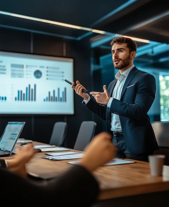 A close-up of a person's hands using a pen to review detailed bar graphs and financial metrics as part of a feasibility study analysis.