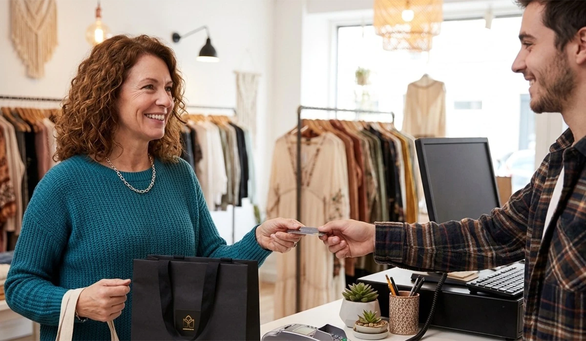 How Mystery Shopping Companies in UAE Help You Understand Customer Expectations 1 A smiling woman hands her credit card to a cashier at a boutique clothing store, representing the real-world retail interactions analyzed by mystery shopping companies in UAE to improve service quality and customer satisfaction.