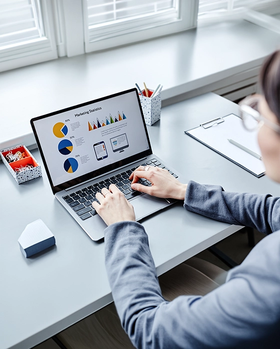A young female professional typing on a laptop displaying colorful marketing statistics, pie charts, and data graphs during field research in ethnography.