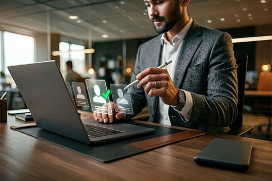 Man using a stylus laptop to review digital ethnography user profile cards and verified participant personas in a office setting.