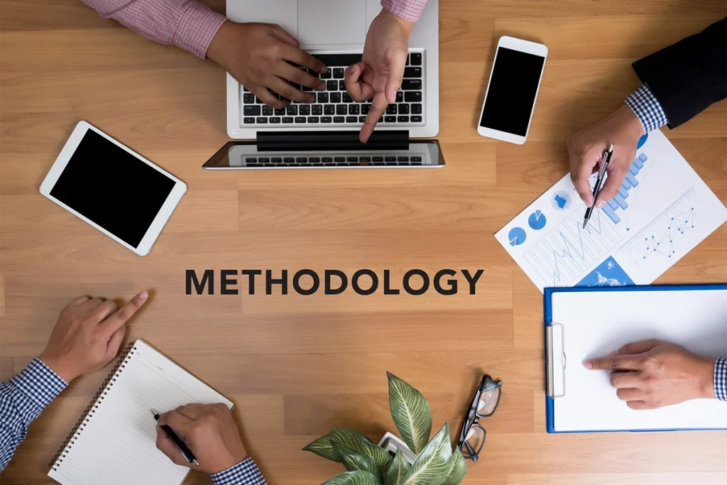 Market Research Methodology UAE concept showing research planning, data analysis reports, and business methodology documents.