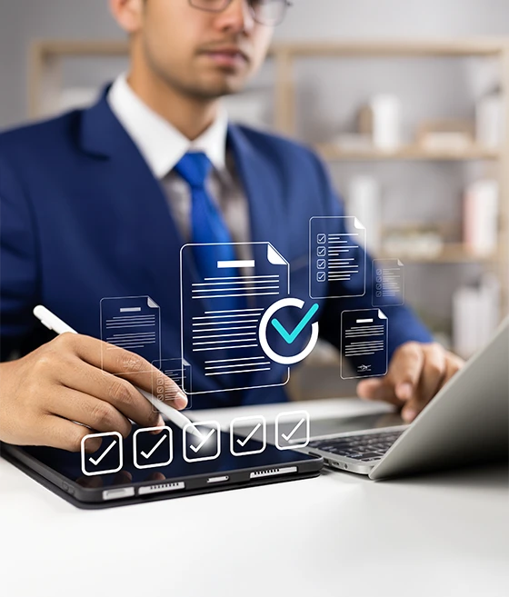 Business executive analysing data and responses collected through Online Surveys.