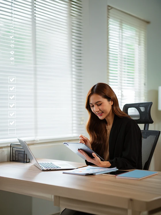 Business professional evaluating performance metrics and survey responses collected through Online Surveys.