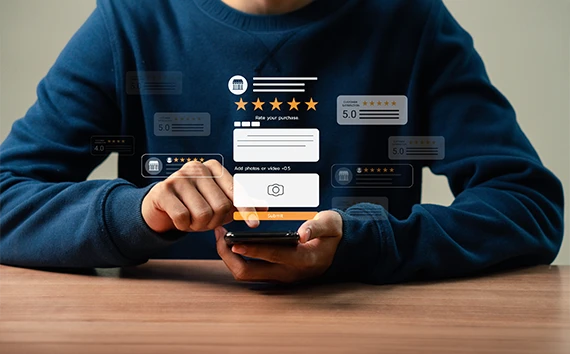 Customer submitting satisfaction ratings through Online Surveys on a smartphone.