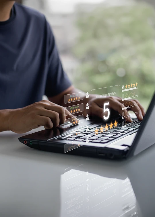 Usability Testing process evaluating customer feedback, user satisfaction ratings, and website performance through online reviews.