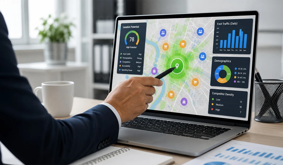 How Feasibility Study Services Help Retail Businesses Select High-Potential Store Locations 2 Professional using digital mapping tools to support feasibility study services for retail location selection and market evaluation