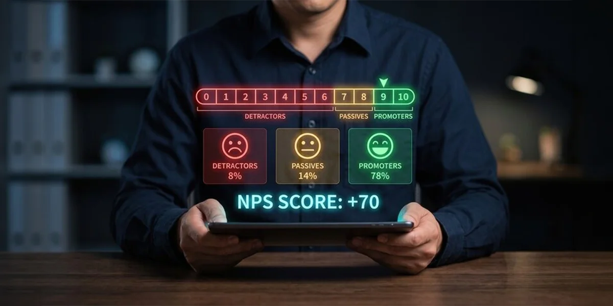 Customer NPS survey showing a Net Promoter Score of +70, with 78% promoters, 14% passives, and 8% detractors.