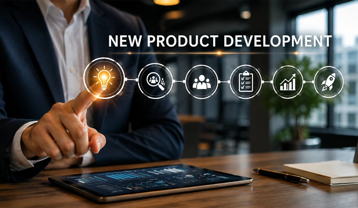 Business professional presenting the new product development testing process, highlighting product validation, quality assurance, performance analysis, and successful product launch.