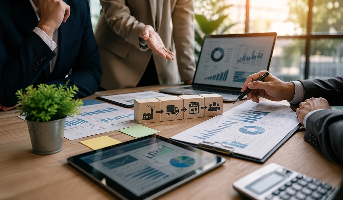 Business professionals discussing value chain consulting strategies with supply chain planning, customer analysis, and performance metrics to improve operational efficiency and business growth.