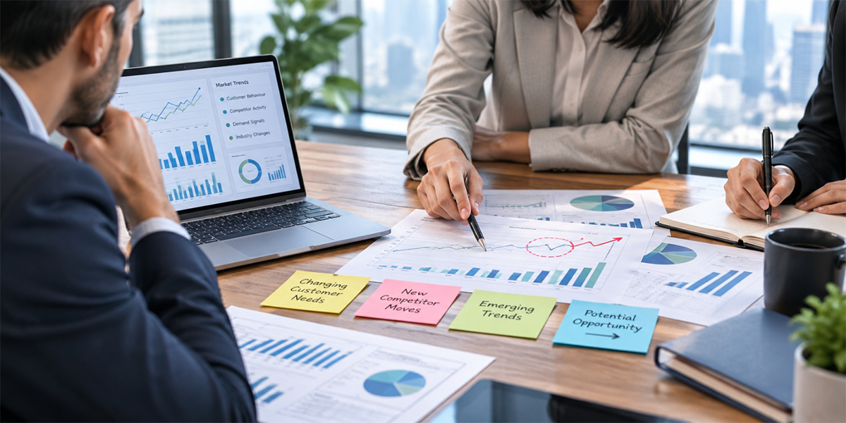 Business strategy planning meeting with professionals reviewing market trend charts, graphs, and strategic opportunities around a conference table.