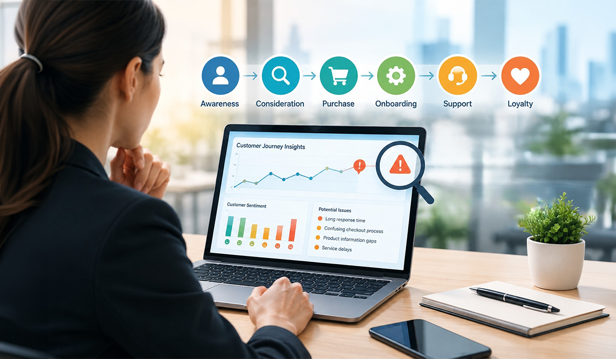 Customer Experience Analysis dashboard highlighting customer journey stages and friction points