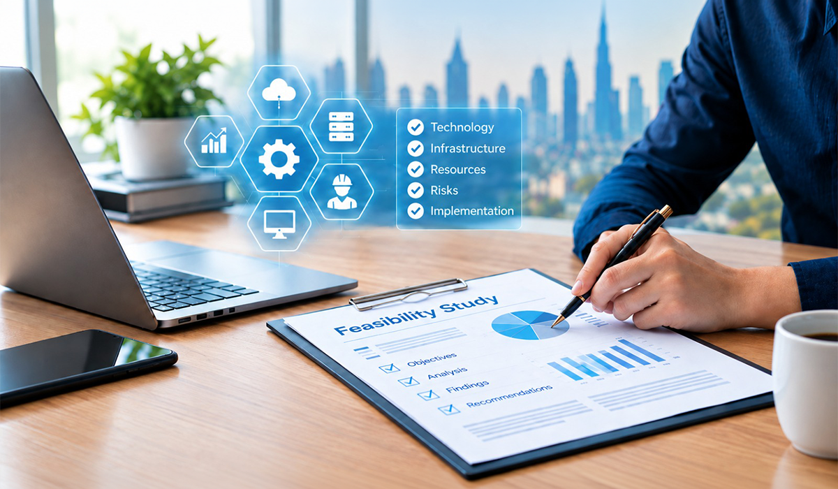 Technical feasibility study for assessing project technology, infrastructure, resources and risks